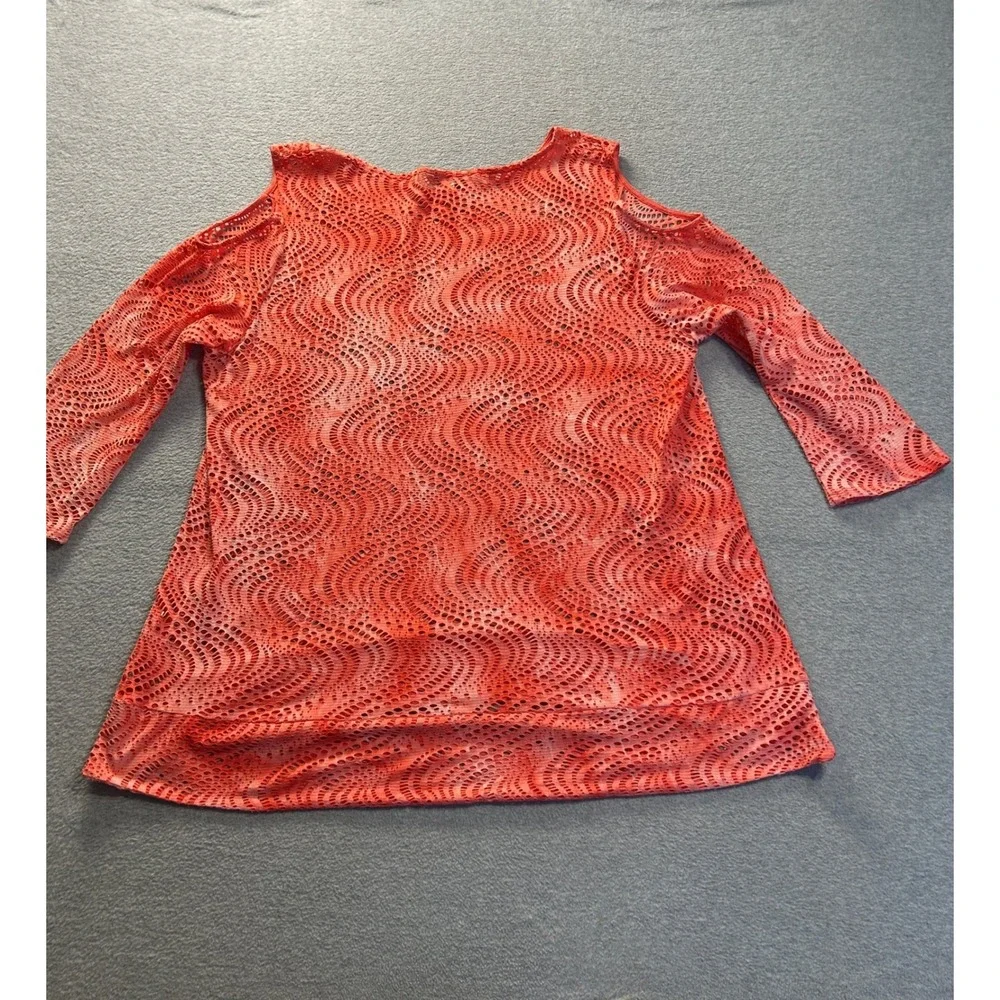 Erin London Mesh Overlay Top Womens 1X Orange 3/4 Sleeve Abstract Print Plus